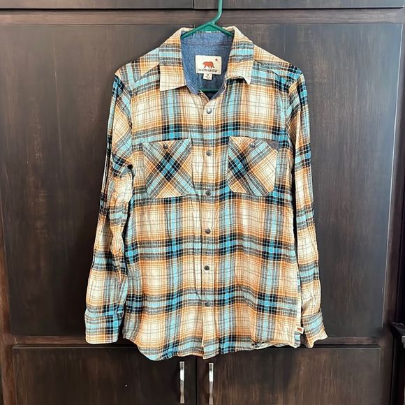 Dakota Grizzly Yellow Blue Plaid Snap Front Flannel - Picture 1 of 5